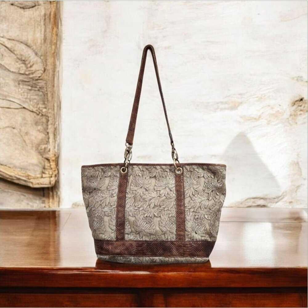 Rare Clever Carriage Company Embroidered lace & Croc Embossed Leather Large Tote